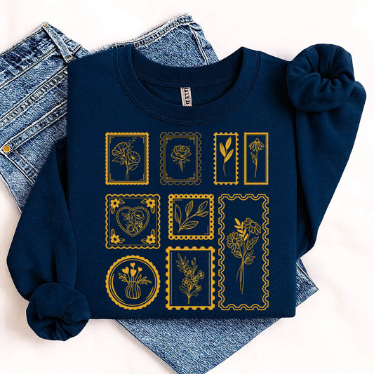 Navy Floral Stamp Crewneck