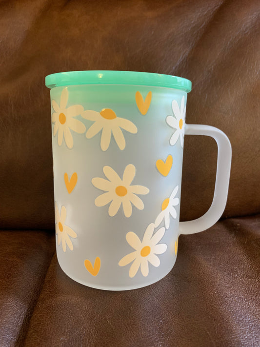 Frosted glass mug with daisies & gold hearts.